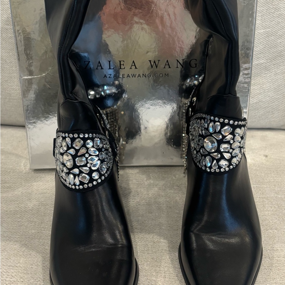 Azalea Wang Black Embellished jeweled cowboy Heeled Boots.